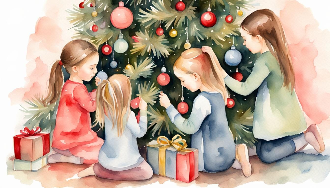Girls Removing decorations from Christmas tree :: Watercolor art :: fine details