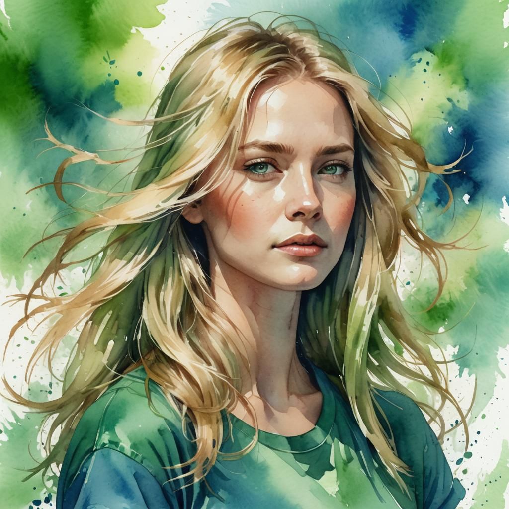 Watercolor Portrait of a Blonde Woman in Green