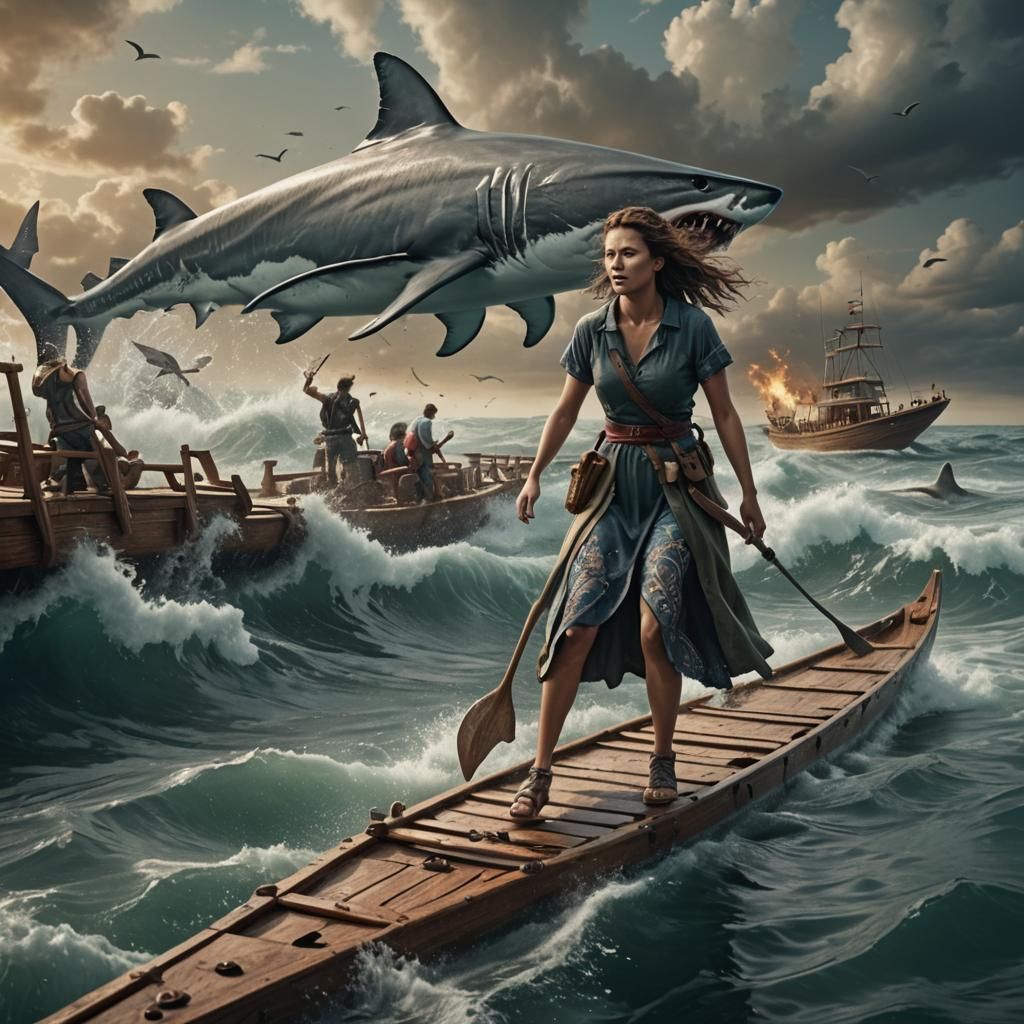 Shark Attack on Raft: Dramatic Digital Painting