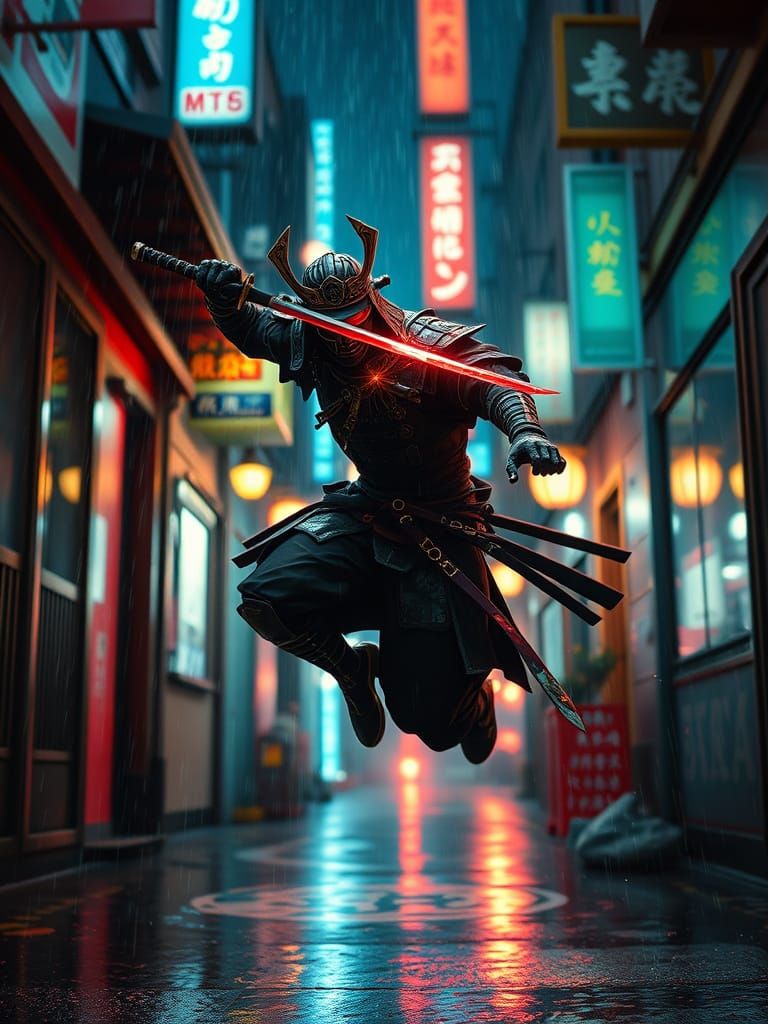 Cyberpunk Samurai Leaps Through Neon Alley