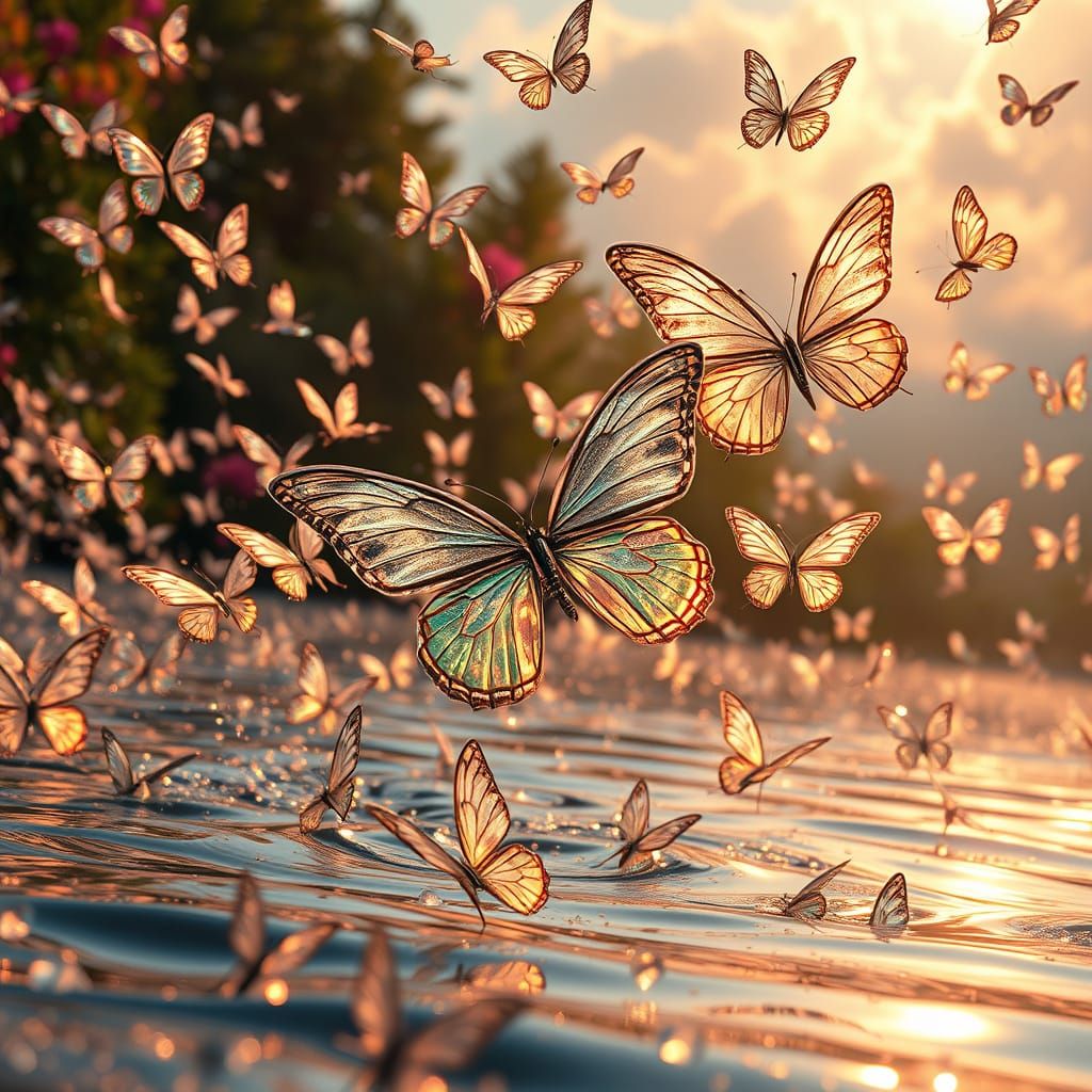Ethereal Water Butterflies in Vibrant Hyperrealistic Style