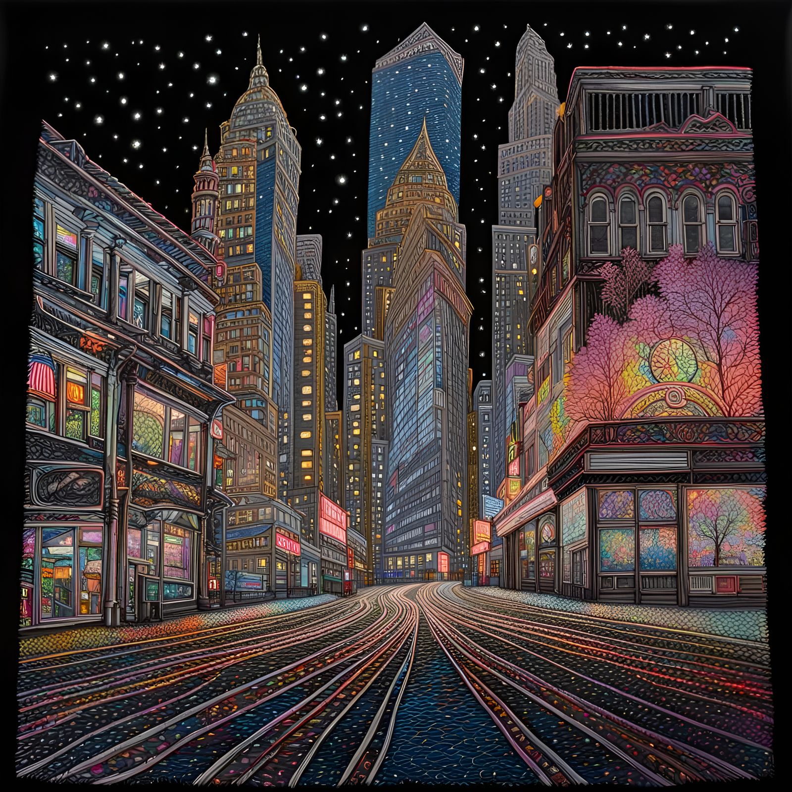 Big city main street, prismatic neon, starry sky