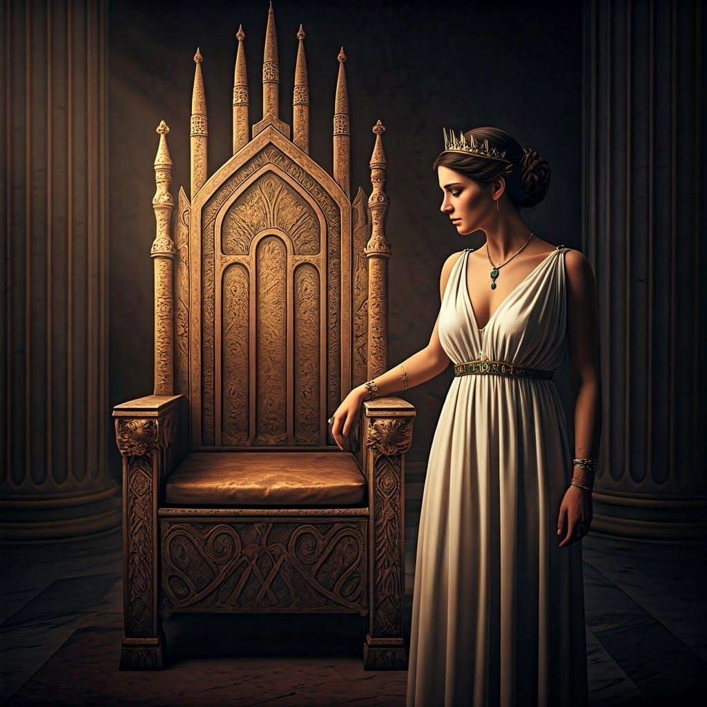 Sorrowful Queen Beside Empty Ancient Greek Throne