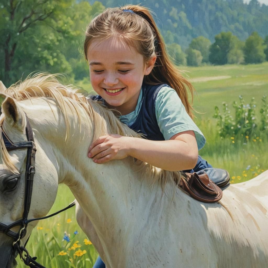 Girl with Down Syndrome Hugs Horse in Lush Meadow