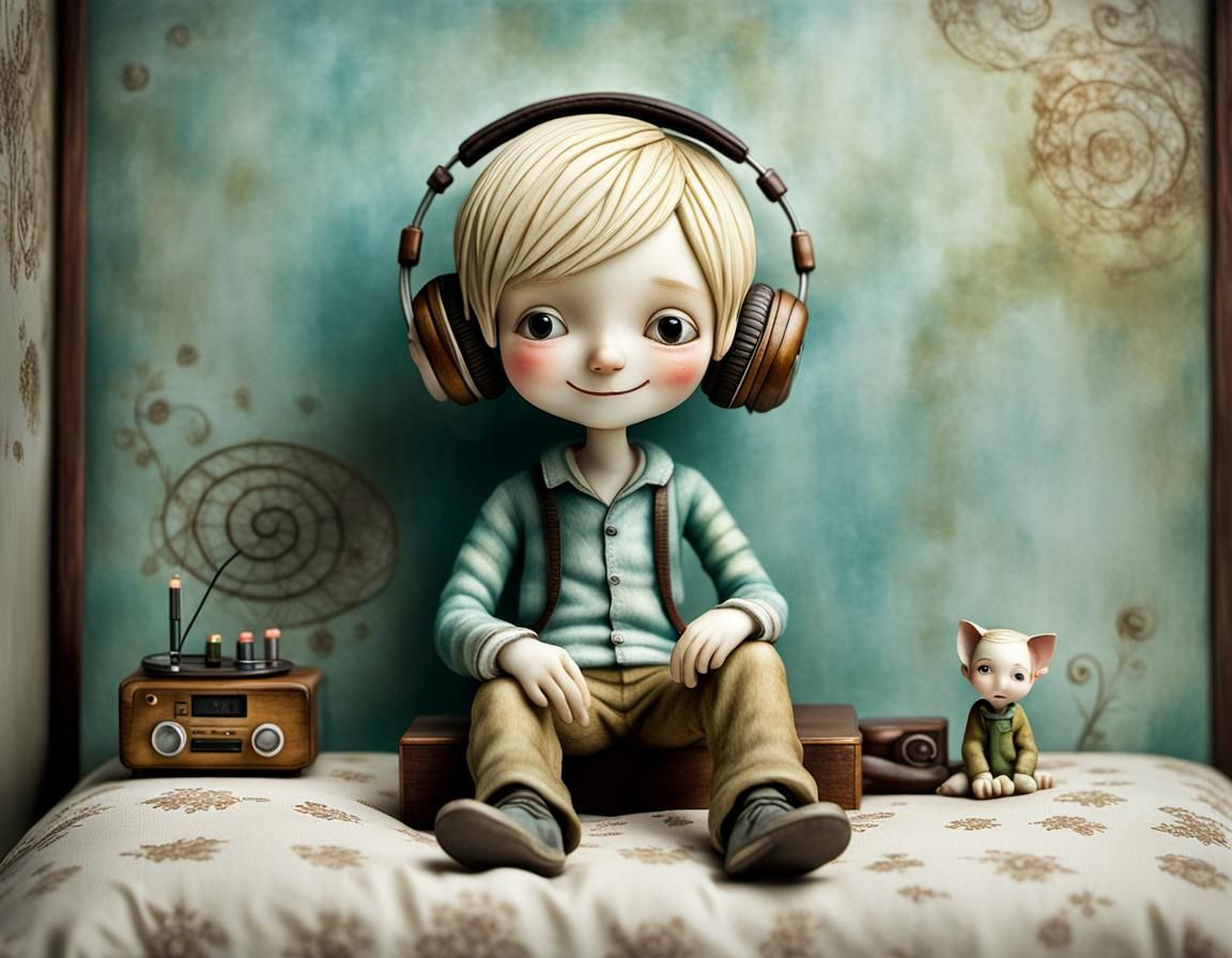 Happy Boy Figurine Listening to Music
