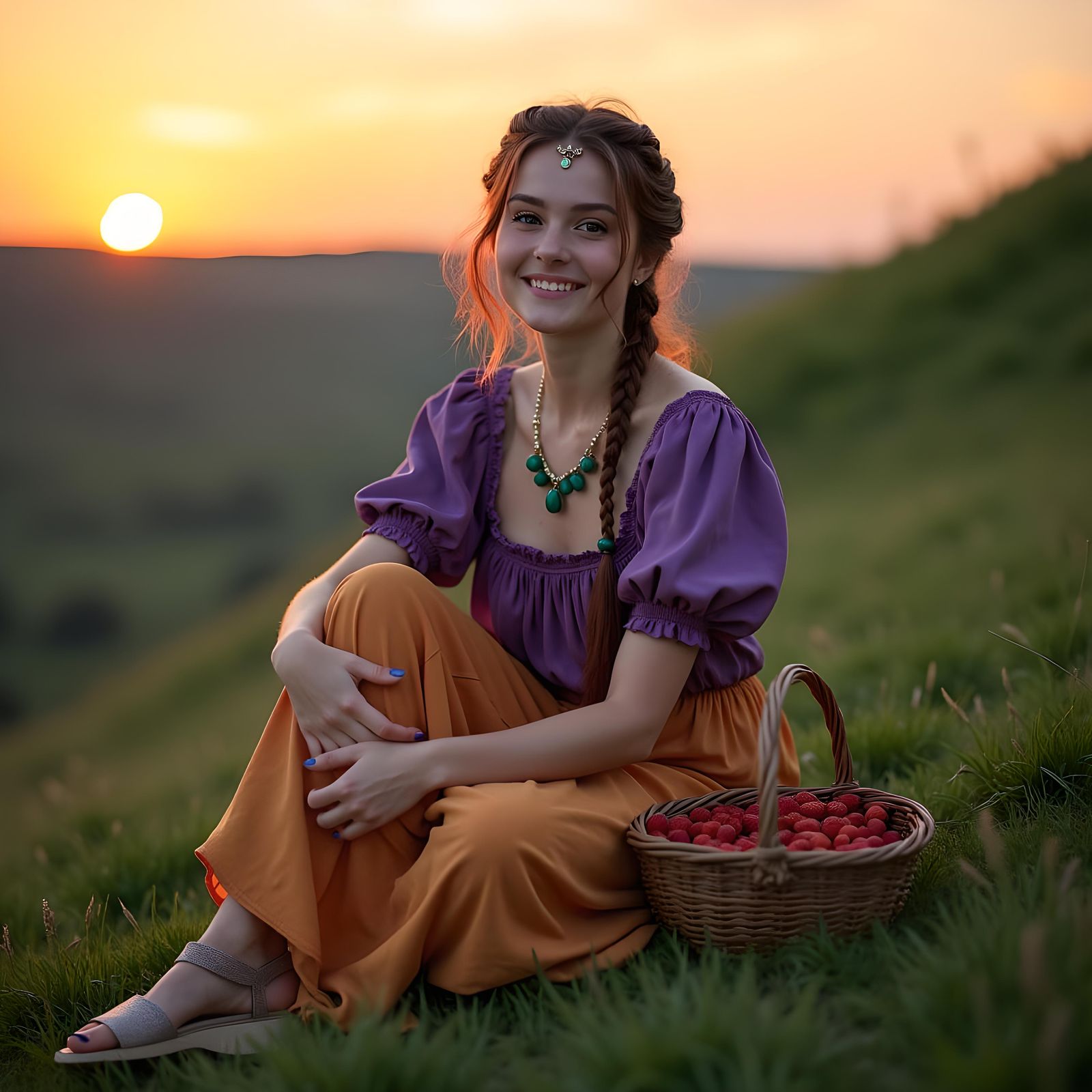 Woman with Berries on Hill at Sunset, Professional Photo