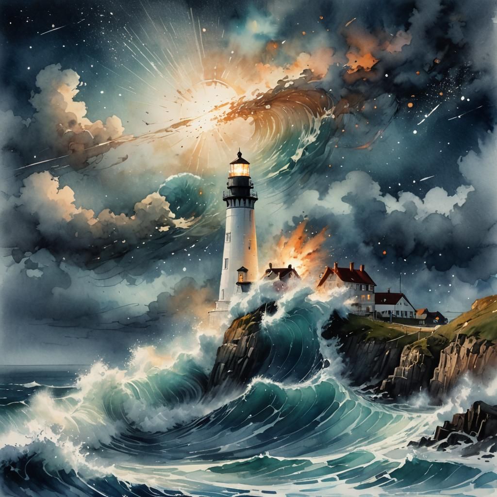 Towering Wave Above Lighthouse in Watercolor Style
