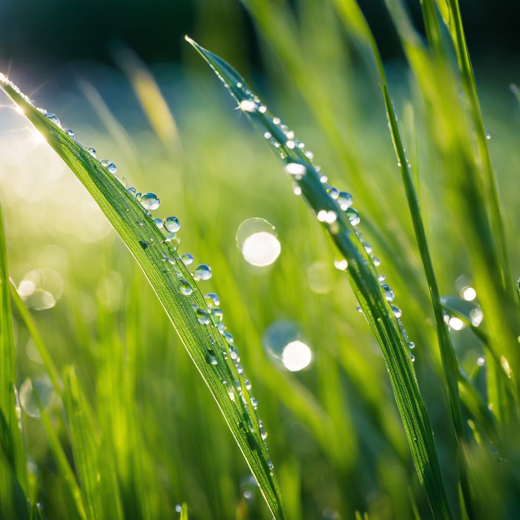 Macro Dewdrop Grass in Sunlit Field