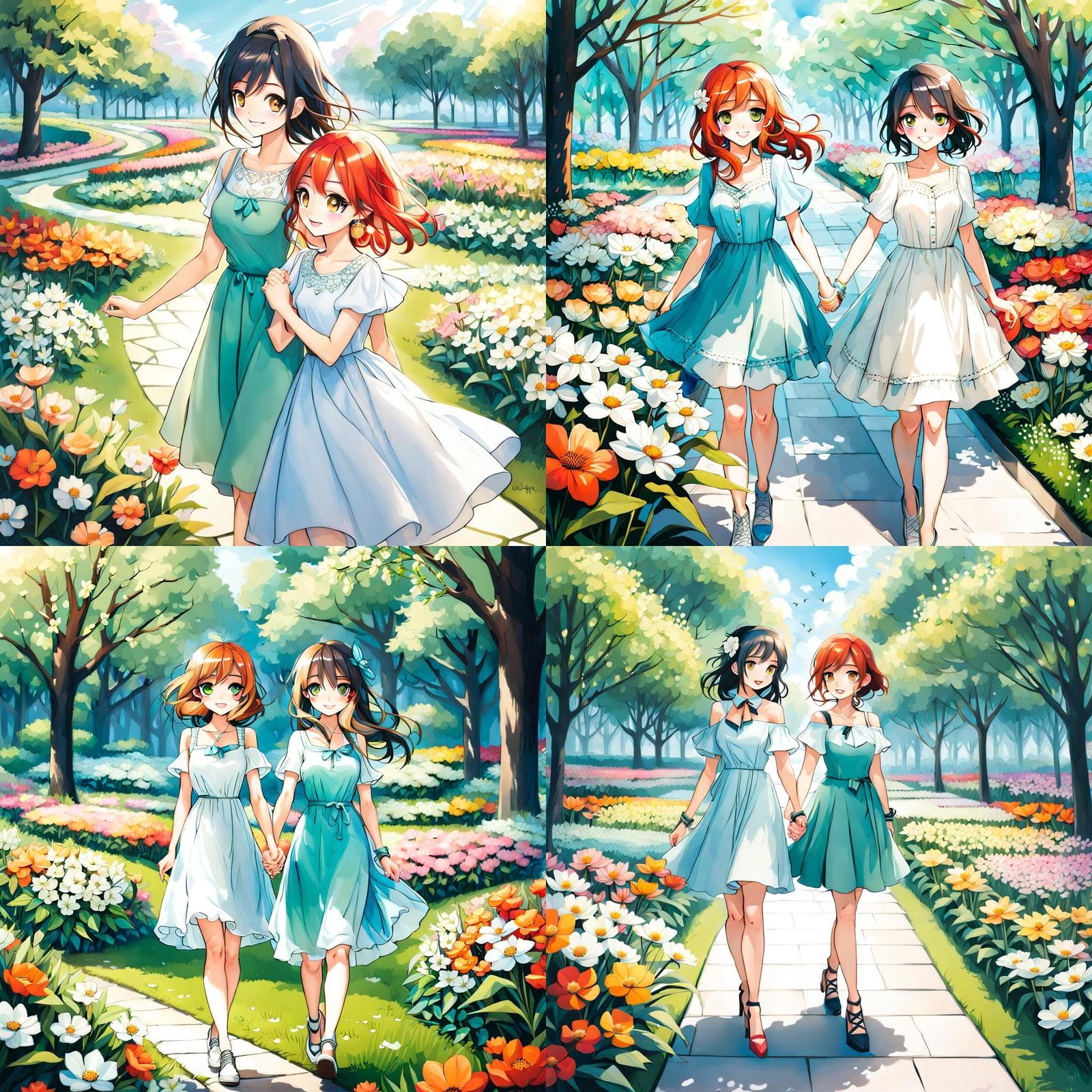 Two Girls Holding Hands in Flower Park