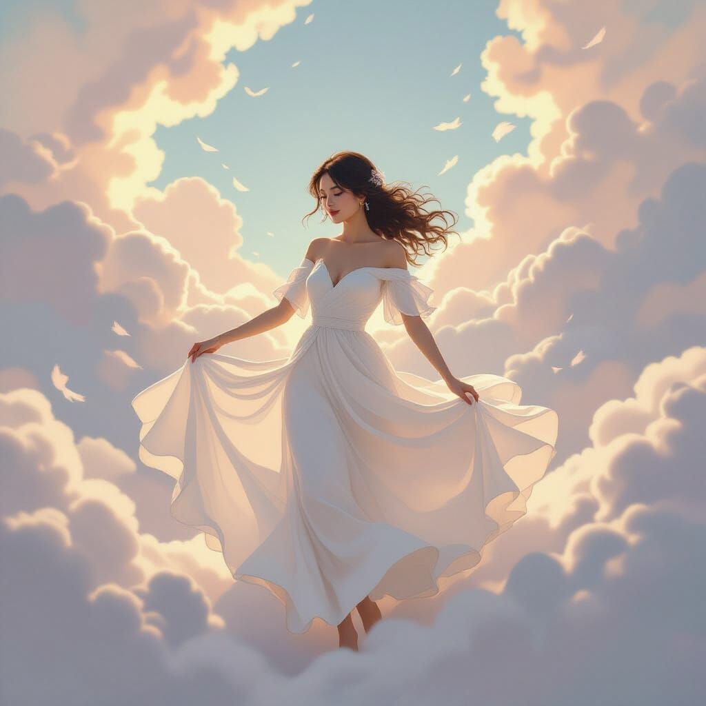 Ethereal Woman Dancing in the Clouds in Anime Style