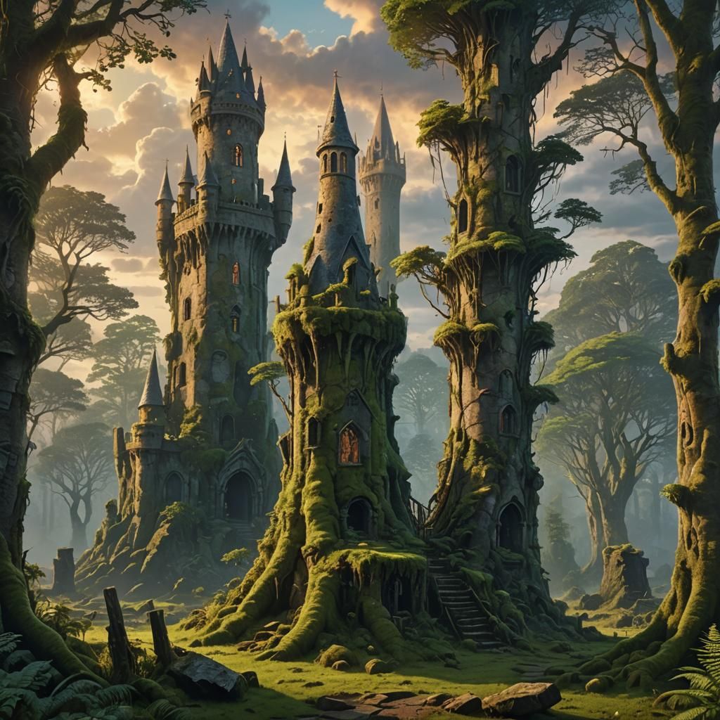 Mossy Stone Wizard's Tower in Forest Clearing