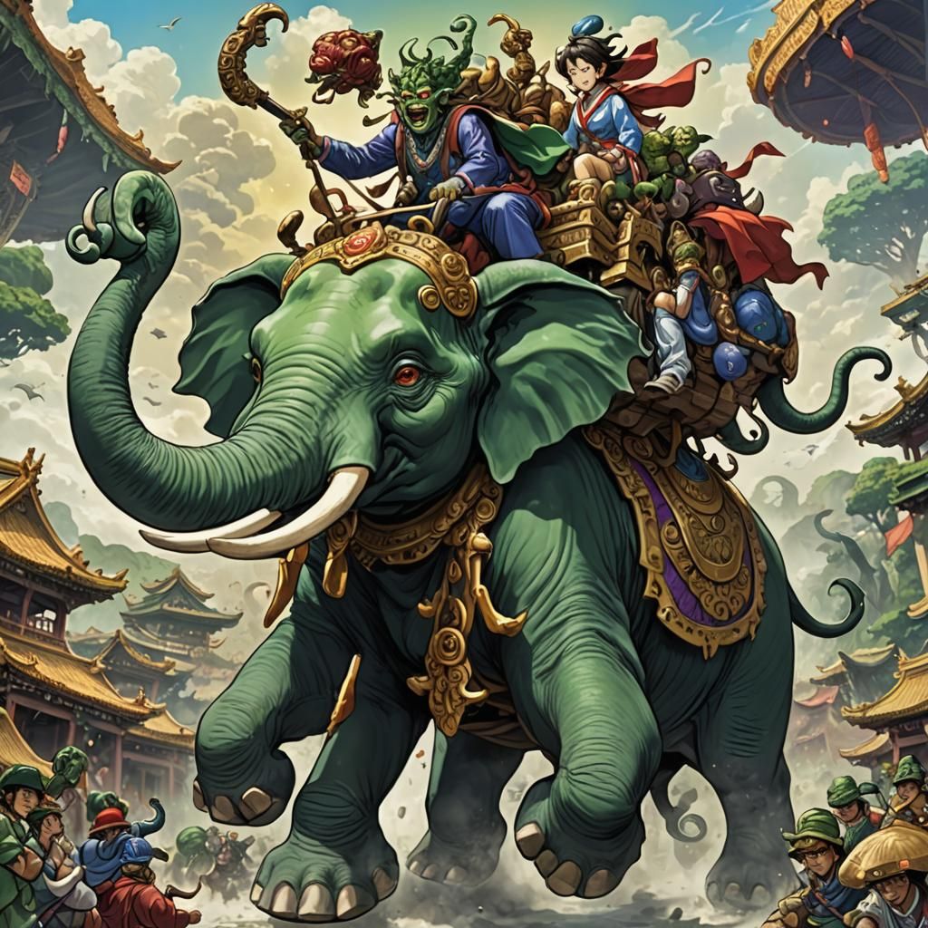 Shuma Gorath Rides an Elephant in Anime Style
