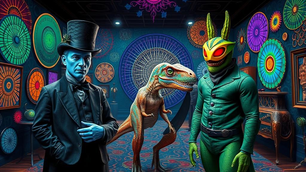 Surreal Reptilian Gathering in Dreamlike Showroom