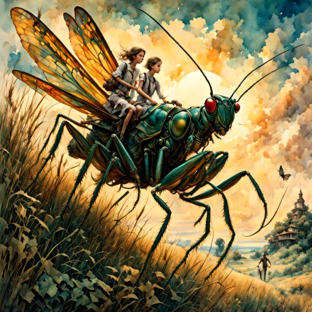 Teenagers Ride Giant Grasshopper at Sunset