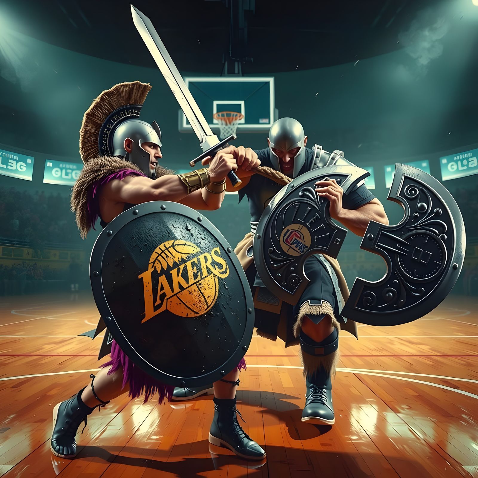 Gladiators Clash on a Basketball Court in a Fierce Battle
