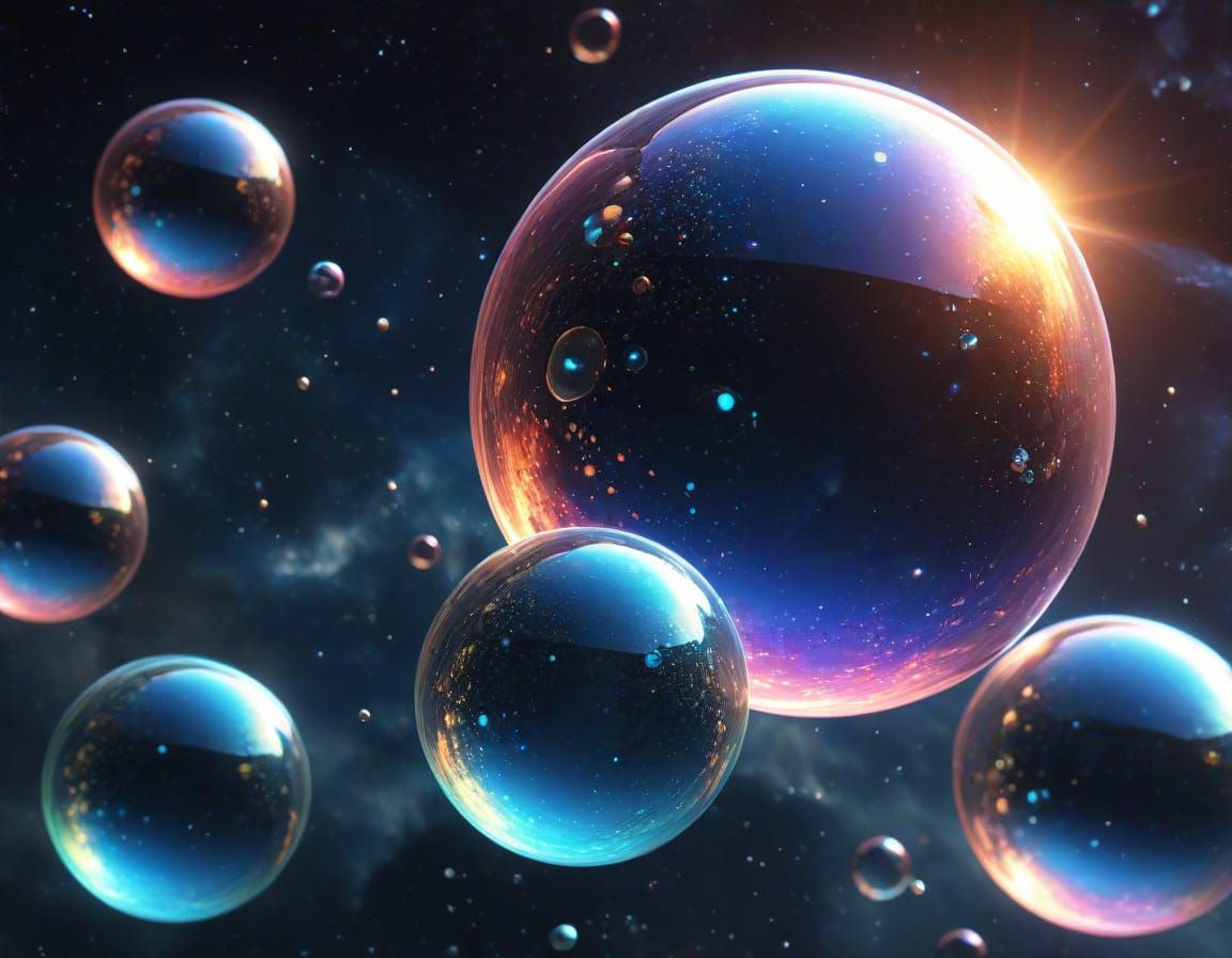 Bubbles Containing Galaxies in Space: Digital Painting