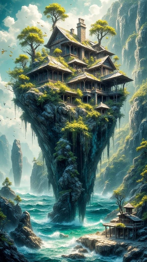 Ethereal Seaside Mansion Perched on a Towering Rock Formatio...