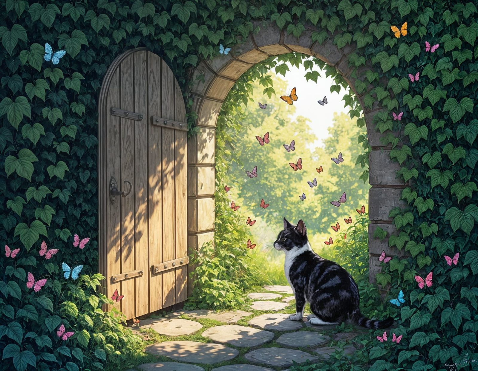 Cat Finds Secret Garden: Pencil Sketch in Swarte Style