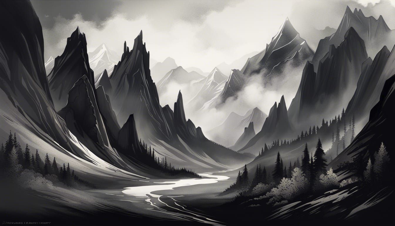 Mystical Mountain Range in Watercolor Style