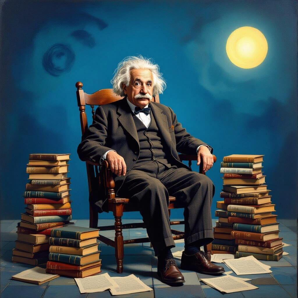 Einstein Surrounded by Books in Surrealist Style