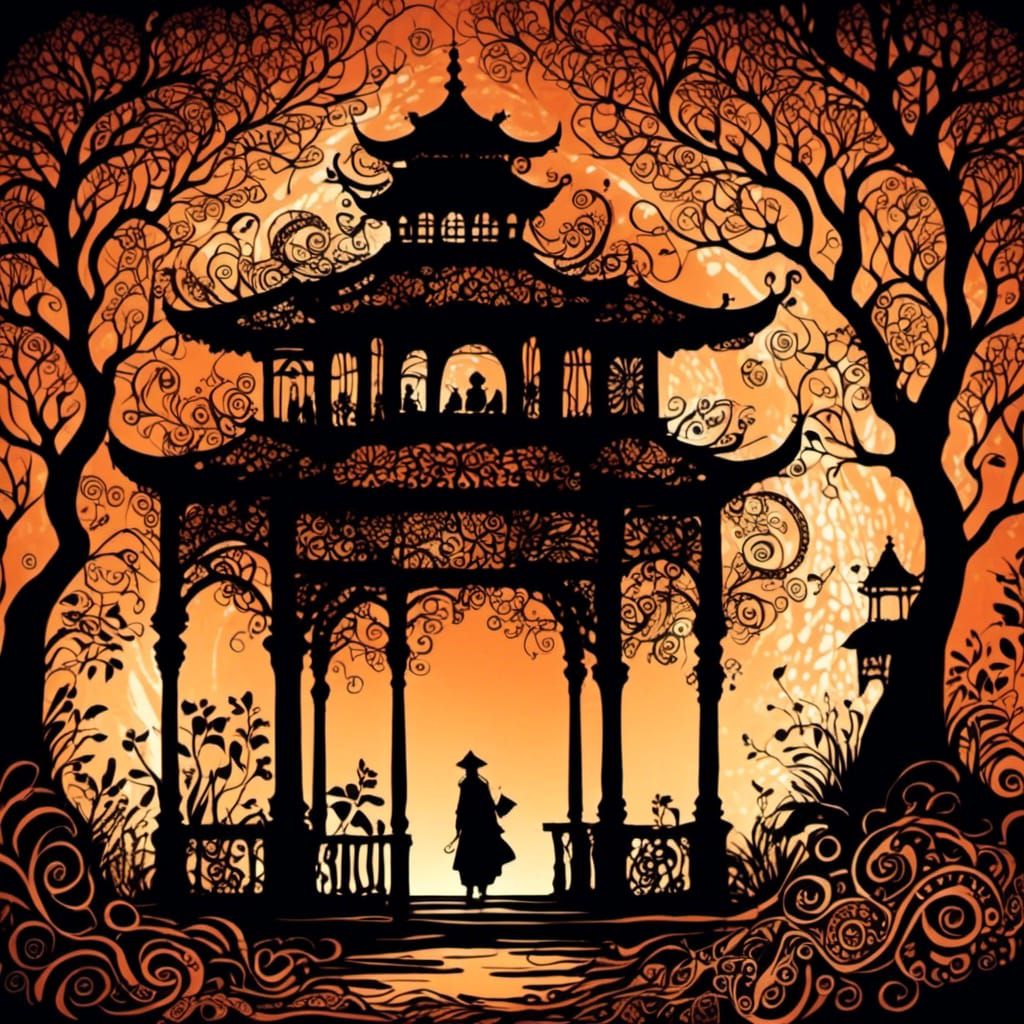 <lora:Bohemian Zentangle:1.0> Lost tea house, silhouette, auburn light background, dark fantasy.