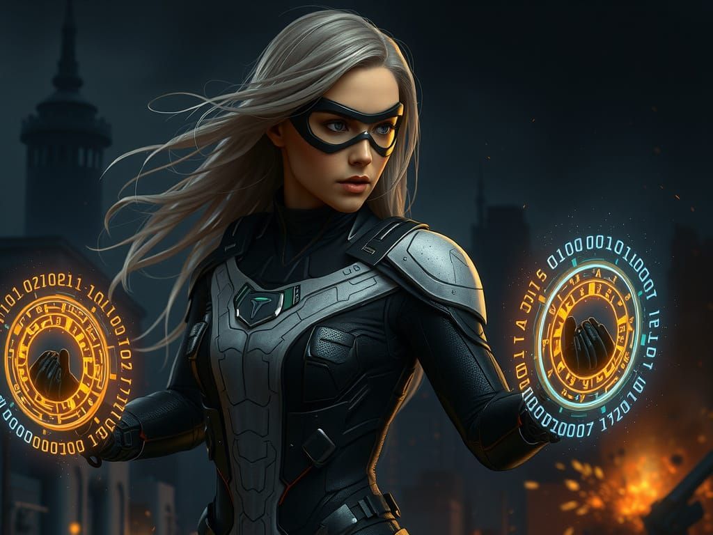 Futuristic Woman Wielding Digital Energy in Cyberpunk Style