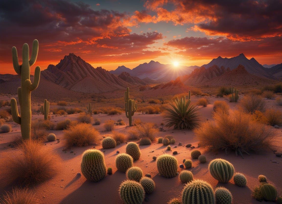 Detailed Desert Sunset Under Cosmic Sky