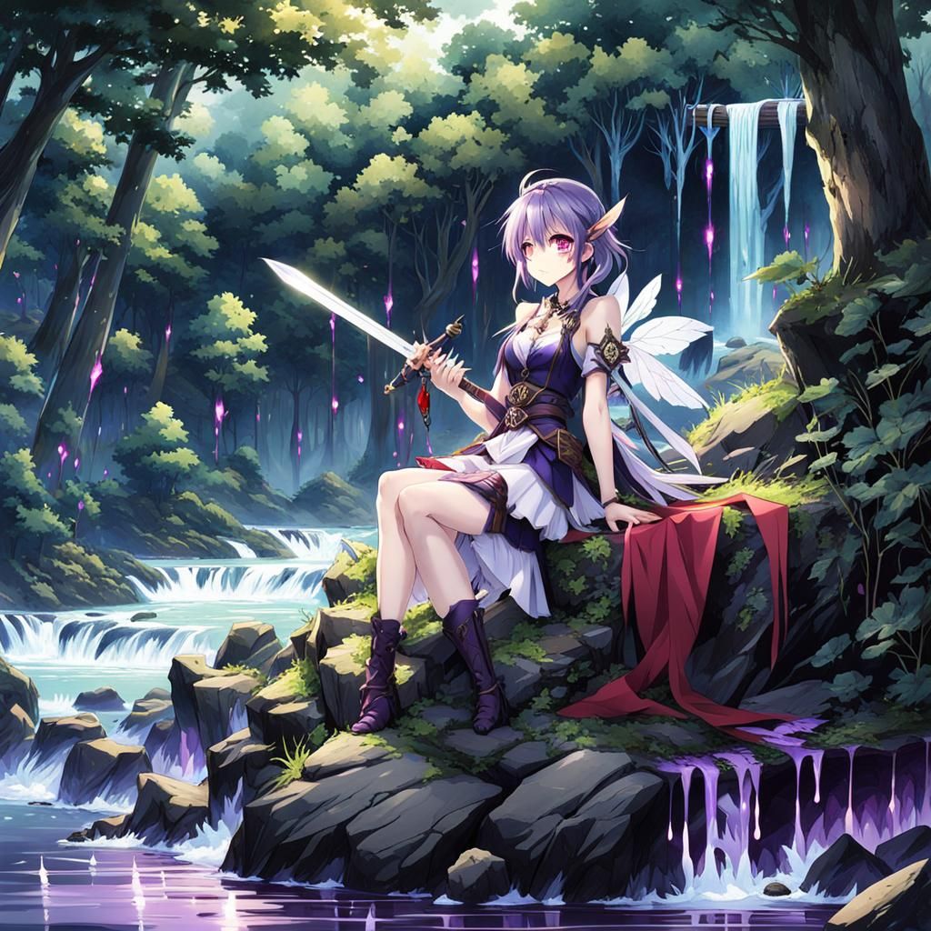 Dreamy Forest Fairy with Bloody Sword, in Anime Style