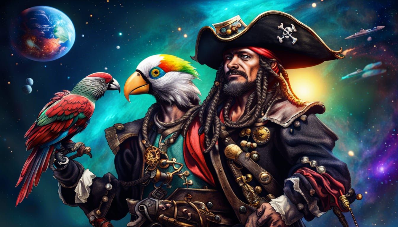 Cyborg Pirate in Space with Robotic Parrot