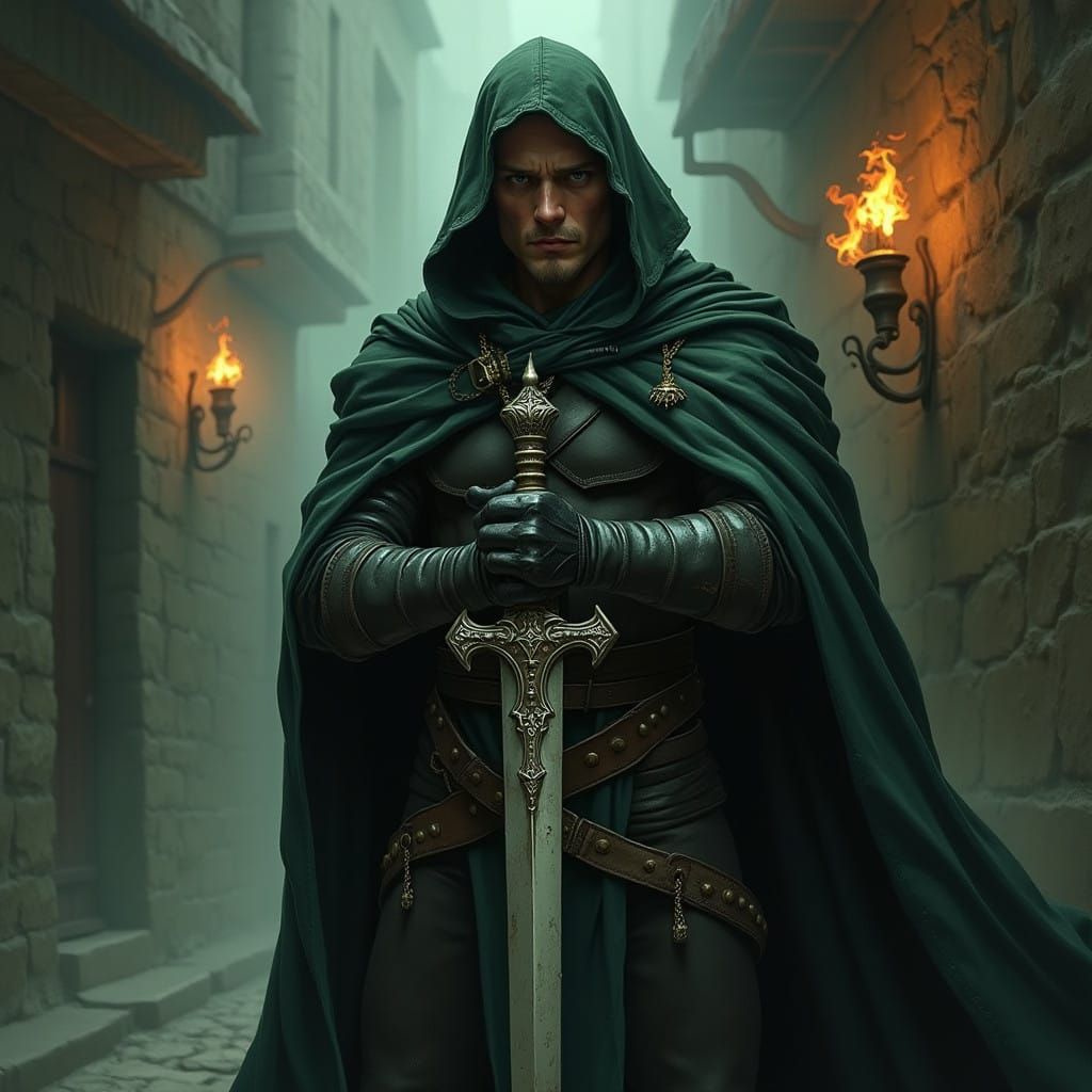 Surreal Dark Fantasy Rogue in Moody Alleyway