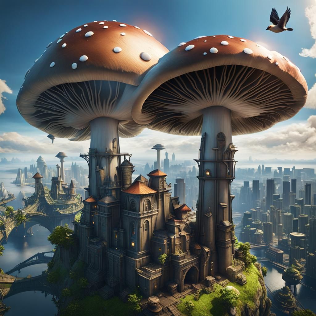 Metal Bird Escapes City in Sci-Fi Render