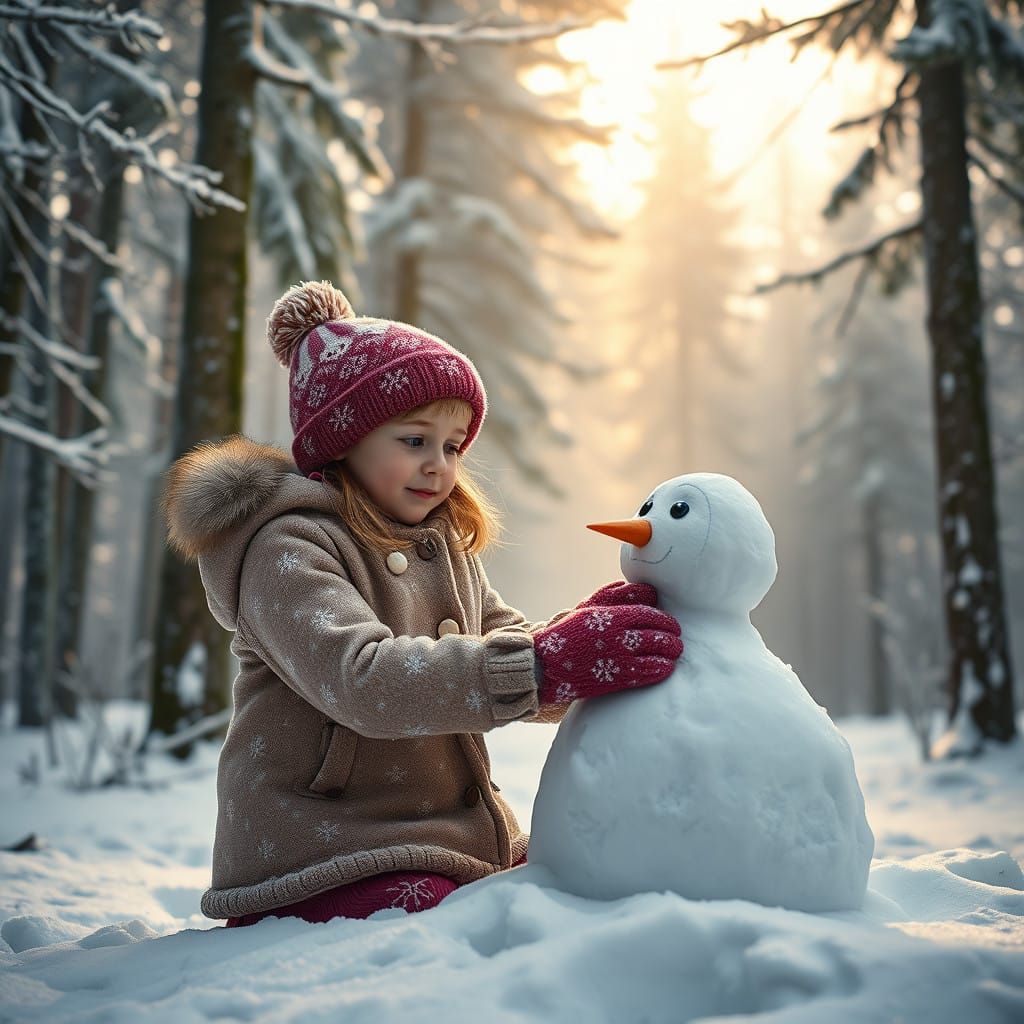 Serene Snowman Scene in Hyperrealistic Style