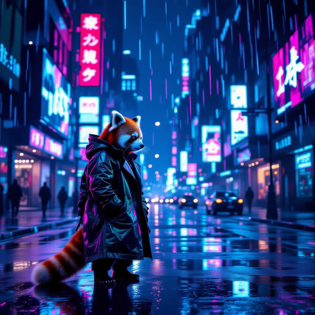 Red Panda in Neon Trench Coat on Futuristic Street, Glitch A...