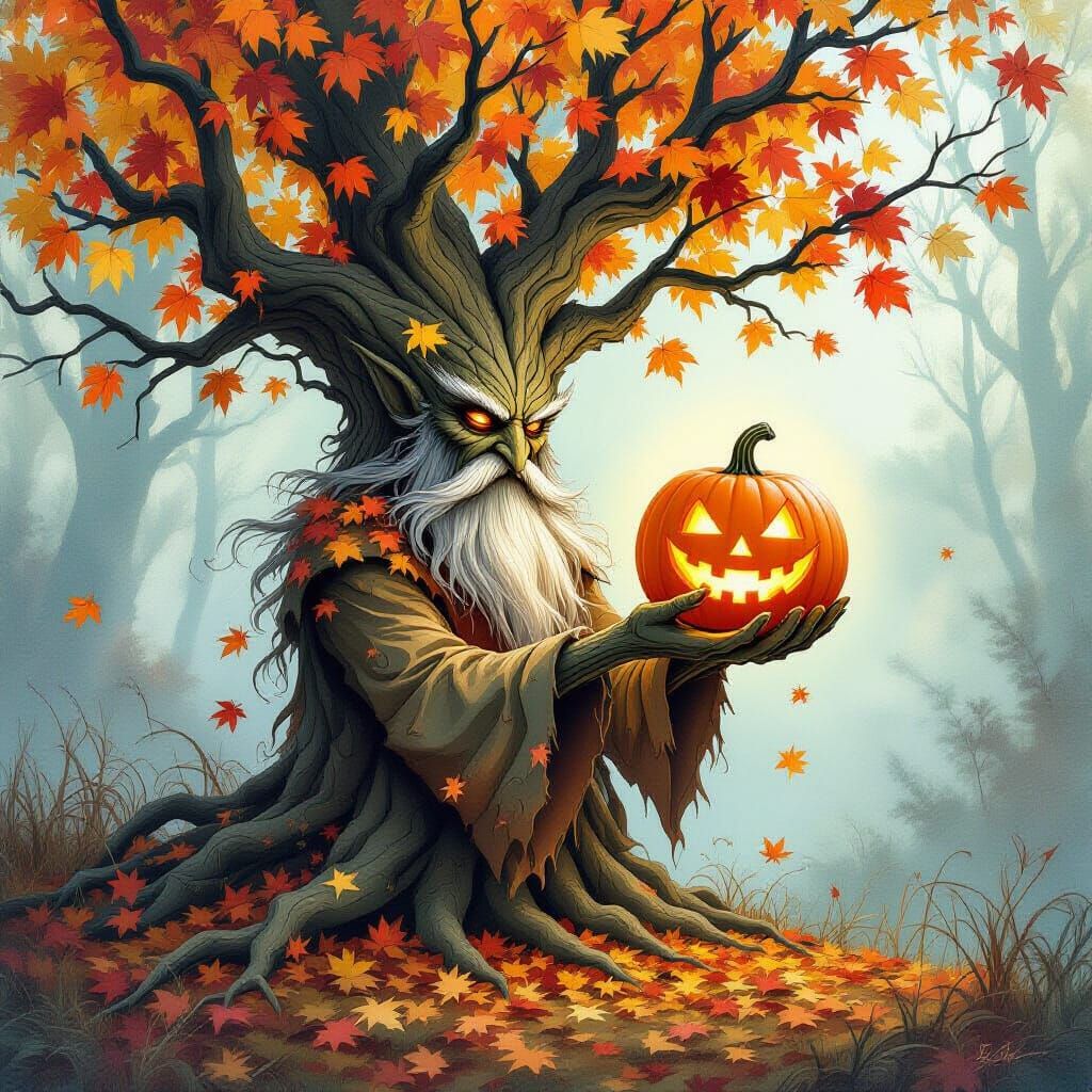 Mystical Tree Spirit Offers Glowing Pumpkin in Enchanted For...