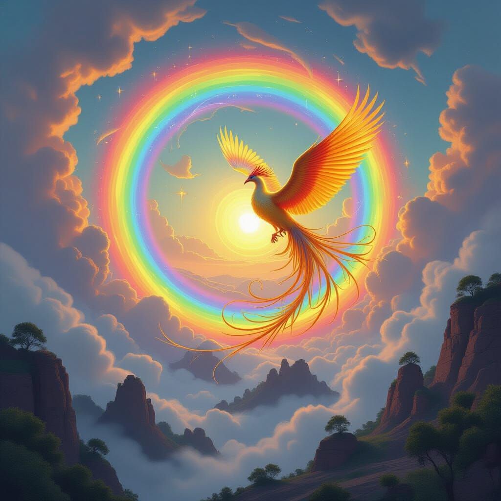 Golden Phoenix Emerges from Rainbow Vortex