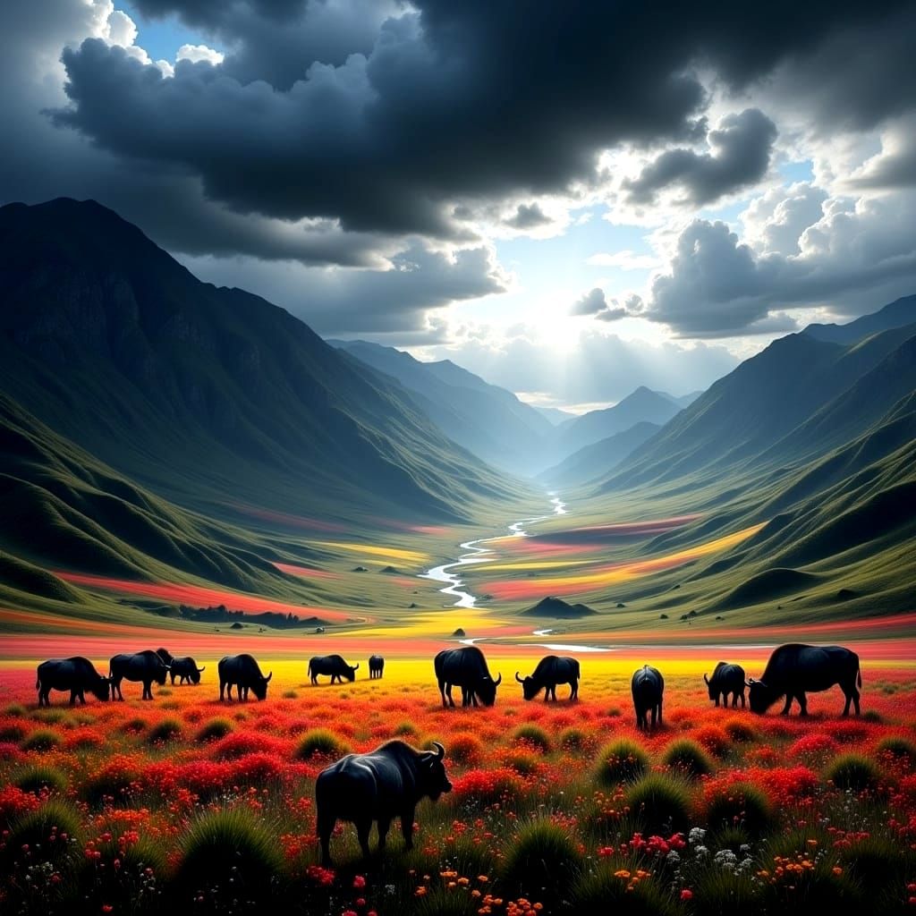 Vast Mountain Valley of Wildflower Plateaus and Approaching ...