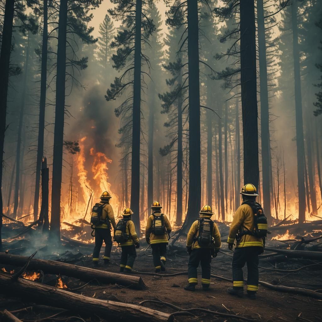 Dramatic Forest Fire with Firefighters: Cinematic Still