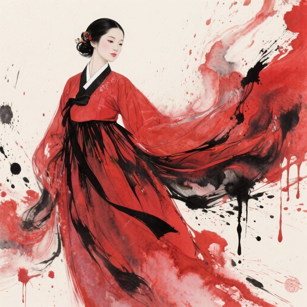 Elegant Woman in Flowing Hanbok - Surreal Ink and Watercolor...
