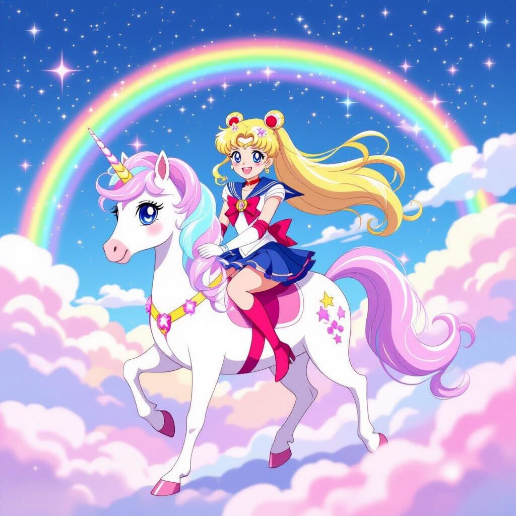 Sailor Moon Rides a Magical Unicorn in Anime Style