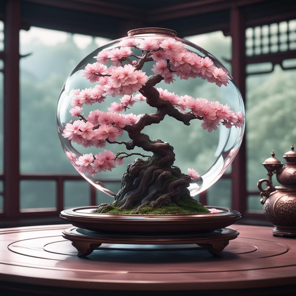 Cherry Blossom Bonsai in Glass, Detailed Digital Art