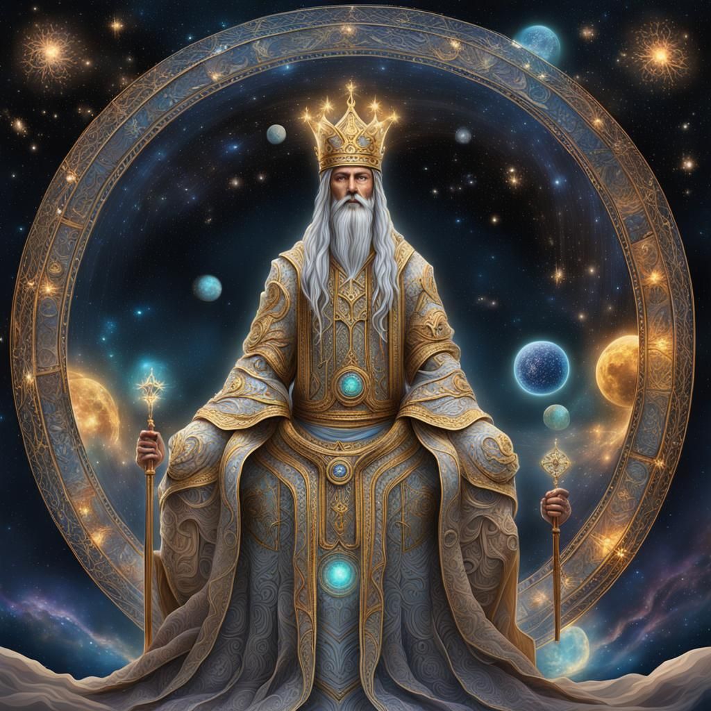 Aetherius: Majestic Figure in Cosmic Landscape