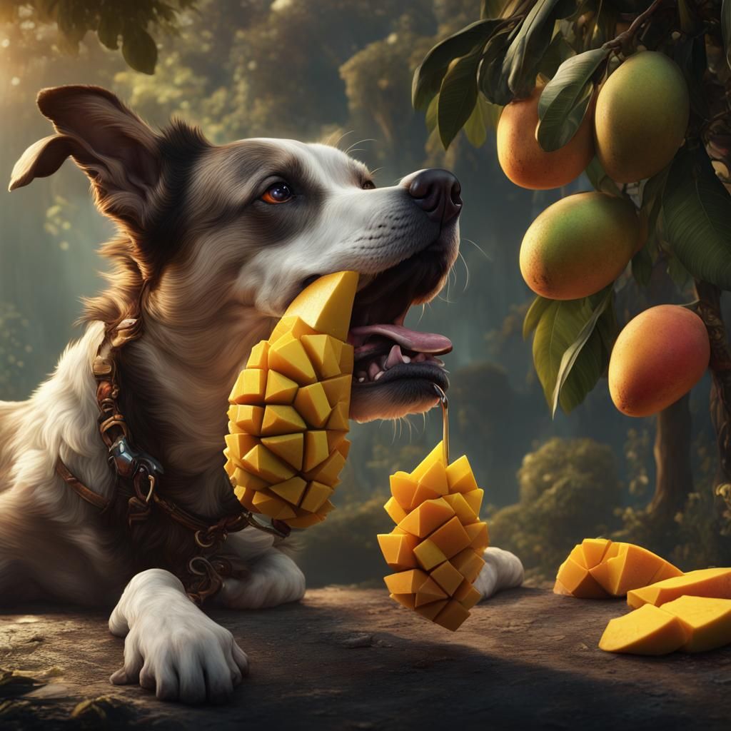 dog sucking mango