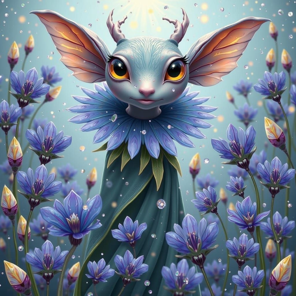 Bluebonnet Fairy Guarding Flowers in Watercolor Style