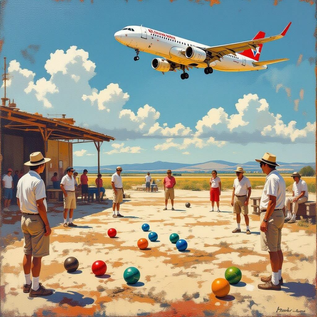Petanque Tournament on Vast Tarmac with Distant Airplane