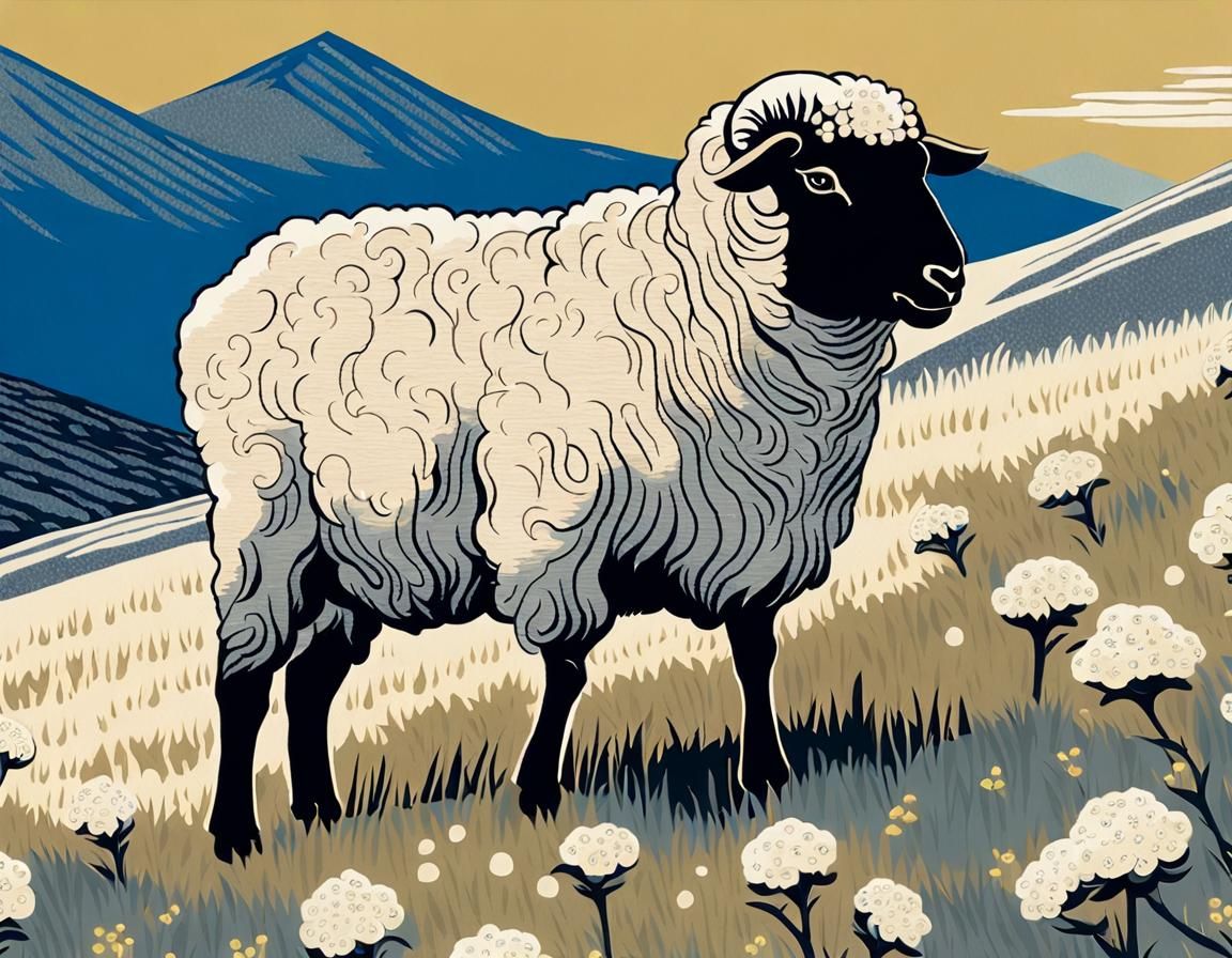 Valais Sheep in Scottish Highlands Ukiyo-e Style