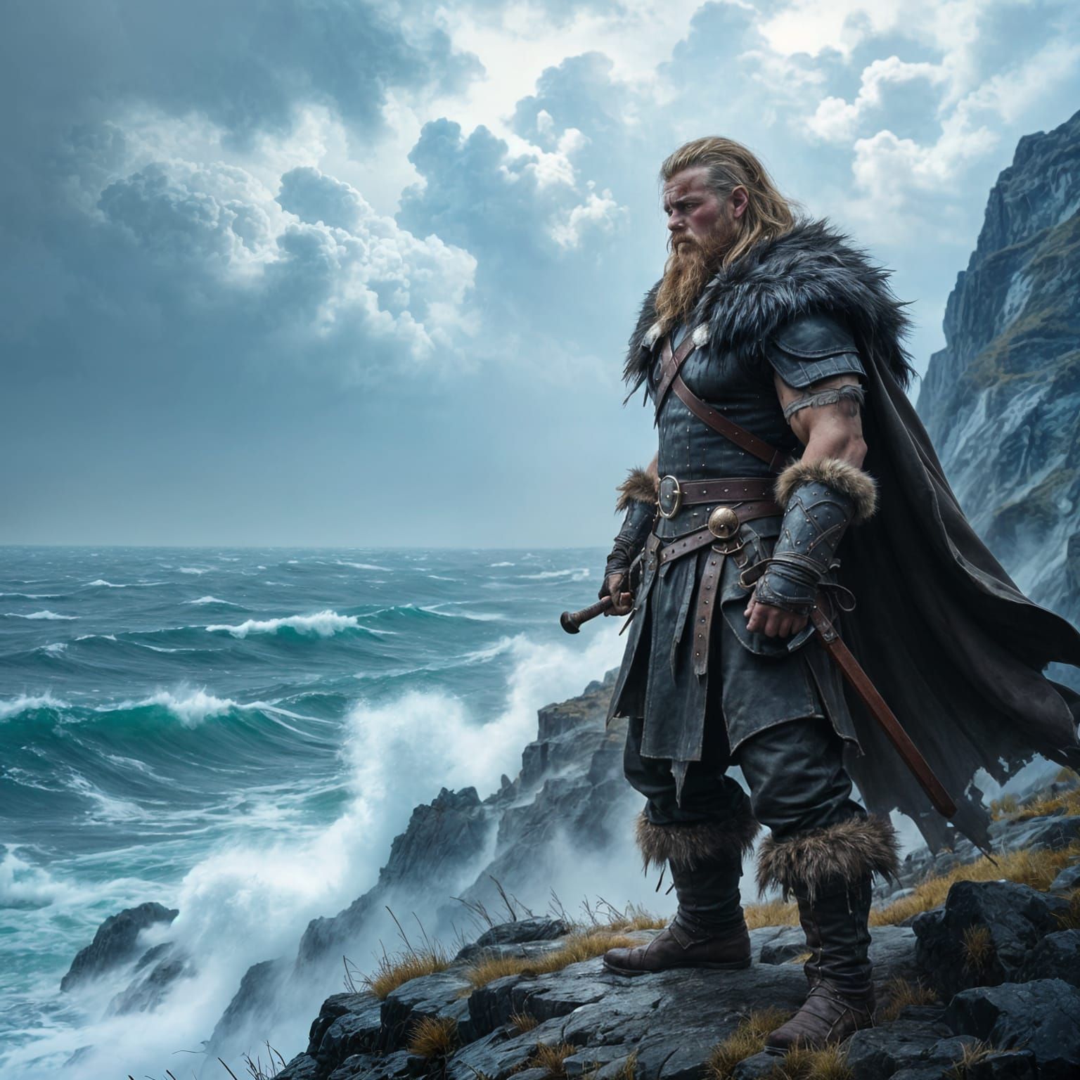 Viking Warrior Overlooking Stormy Sea in Gritty Realism