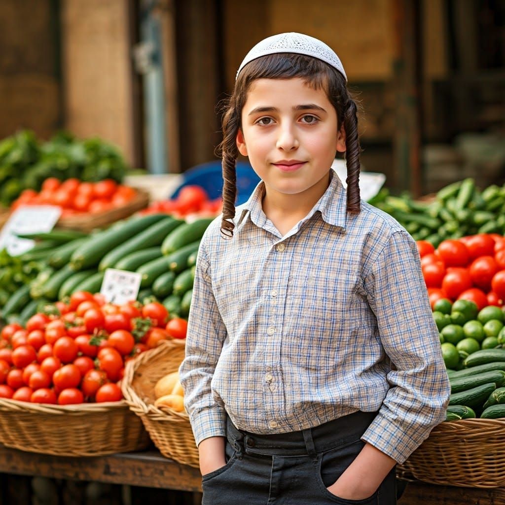 Traditional Haredi Boy in Jerusalem Market Scene