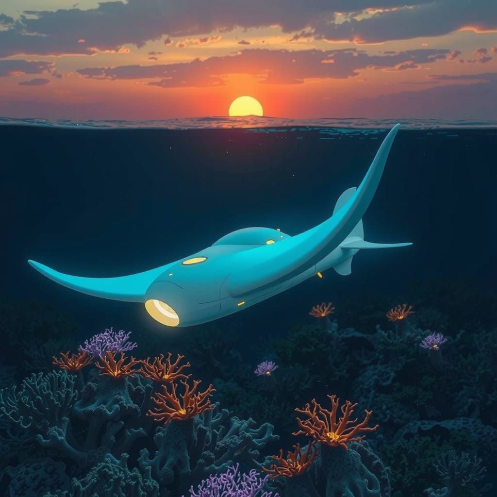 Bioluminescent Corals Surround Manta Ray Submarine at Sunset