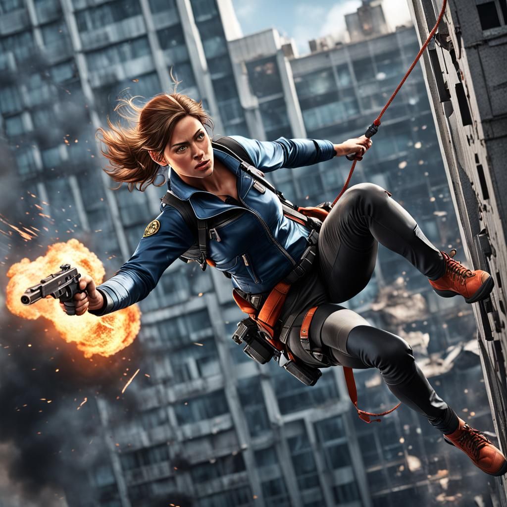 Female Spy Rappelling from Skyscraper in Photorealistic Styl...