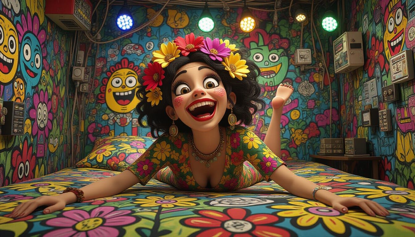 Cartoon Jungle Woman Laughing in Urban Street Art